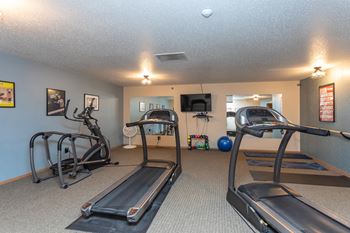 Carpeted fitness room with two treadmills, an eliptical and yoga mats